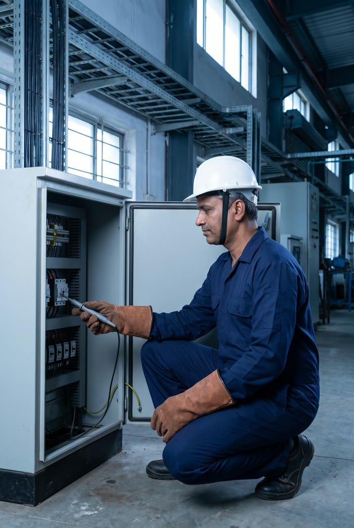 An electrician checking wiring inside an industrial electrical panel