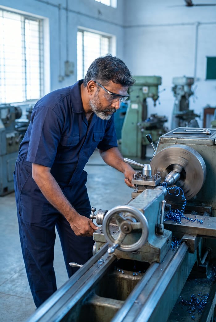 A machine operator working at a metal lathe