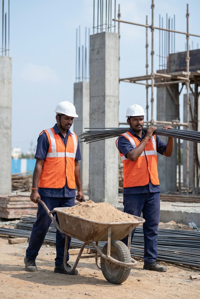 Construction site helpers carrying steel rods and pushing a wheelbarrow