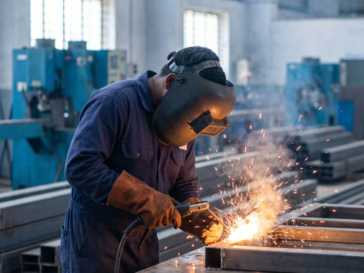 A skilled welder at work in a factory workshop